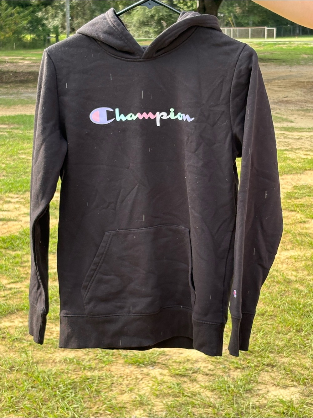 Champion Men’s Black Zip-Up Hoodie with Pastel Multicolor Logo